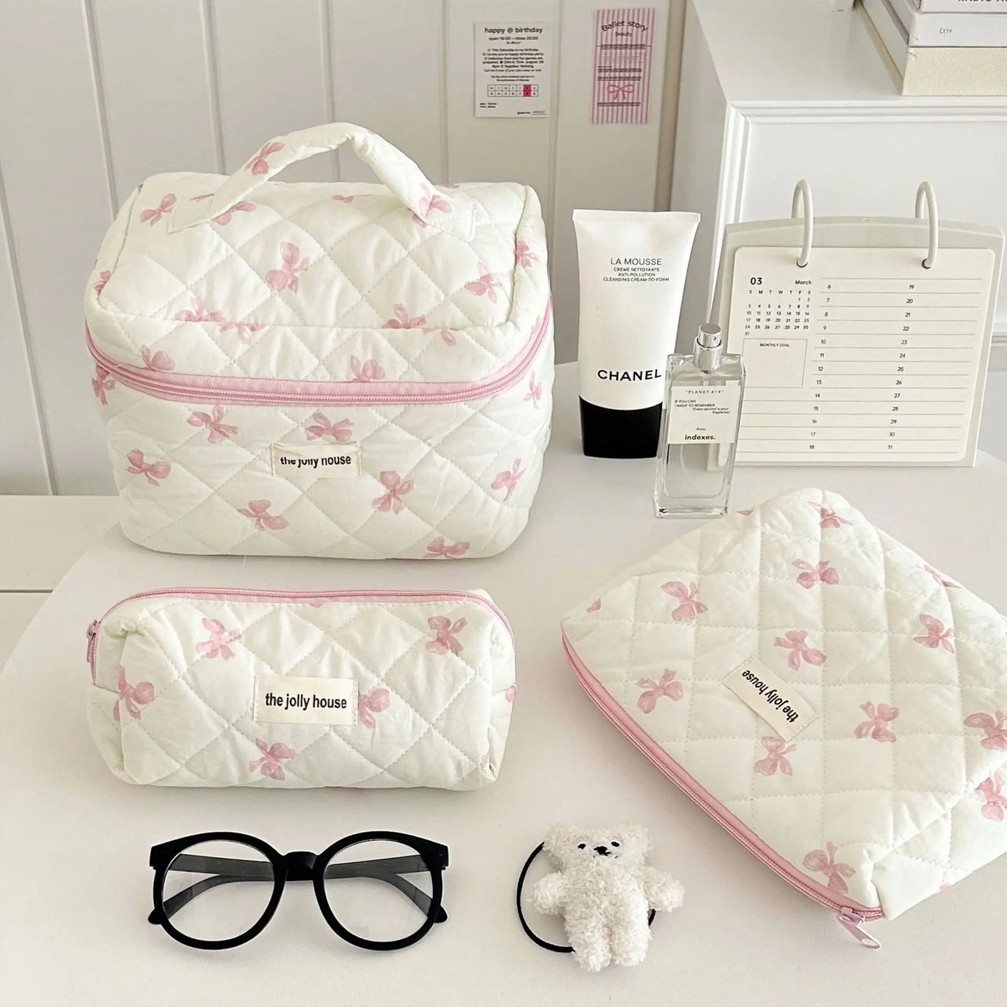 Bow Print Women Makeup Bag Large Capacity Portable Cosmetic Case For Travel Toiletries Cosmetics Storage Bag