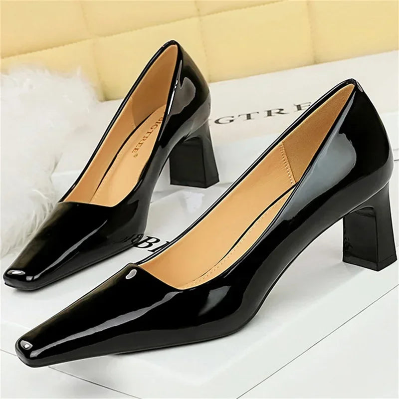 "Women’s Glossy Patent Leather Block Low Heels - 6cm High Square Toe Pumps"