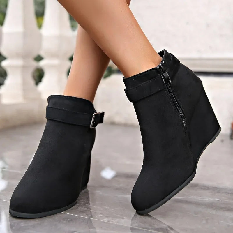 "Modern Women's Ankle Boots with Round Toe, High Wedges, Side Zip, and Warm Design"