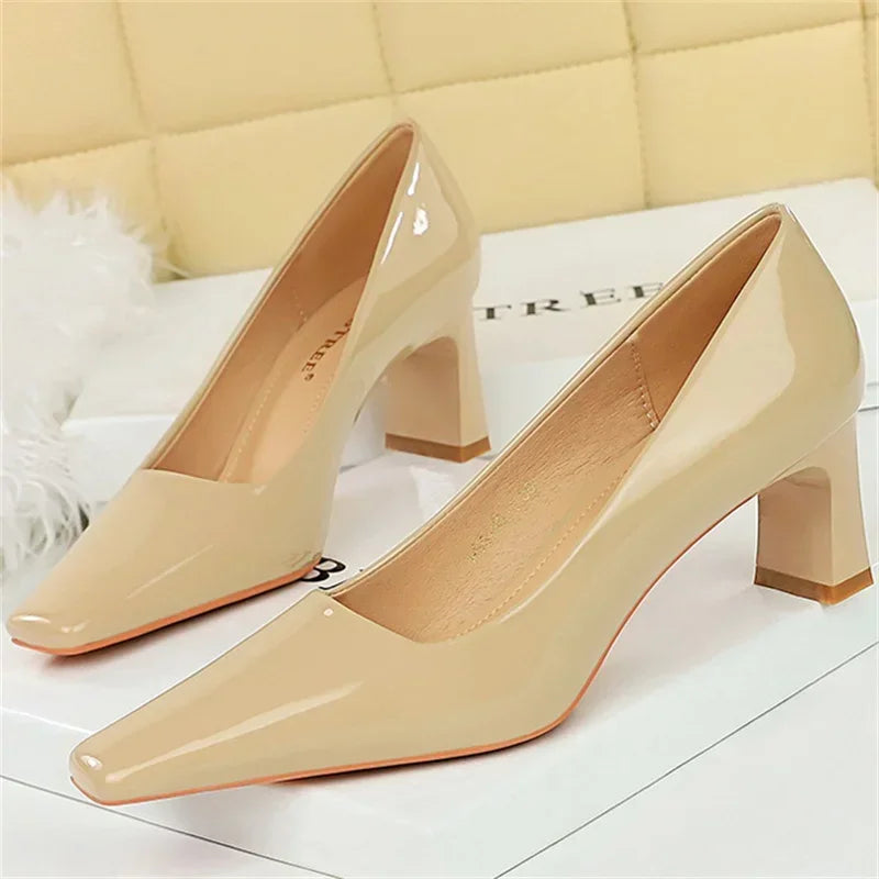 "Women’s Glossy Patent Leather Block Low Heels - 6cm High Square Toe Pumps"