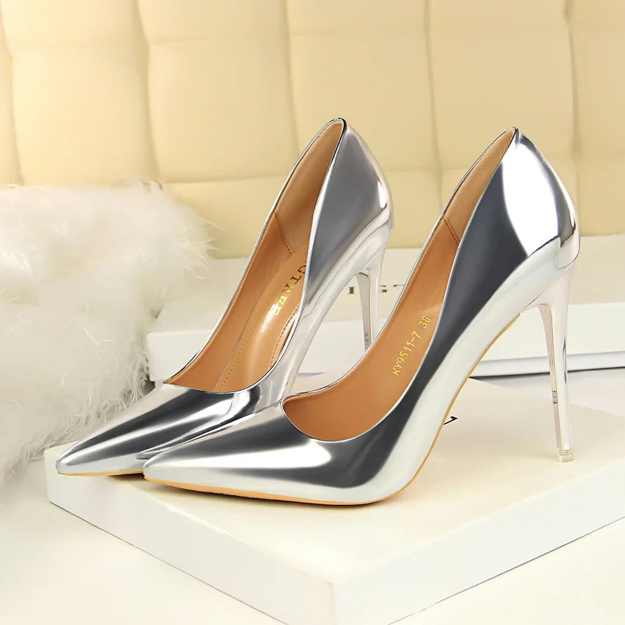 "Exquisite Women's Patent Leather Pumps - 7.5cm & 10.5cm High Heels, Metallic Stiletto Wedding Bridal Shoes."