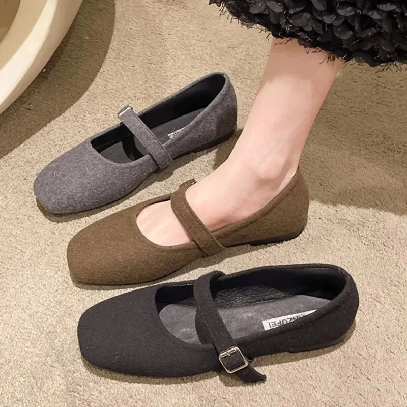 Fashionable Women's Square Toe Felt Mary Jane Ballet Flats with Buckle Strap