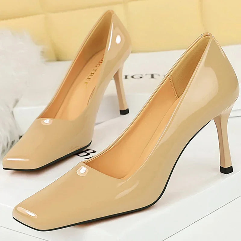 "Glossy Leather 8.5cm High Heels Pumps - Stylish Office & Prom Shoes for Women"