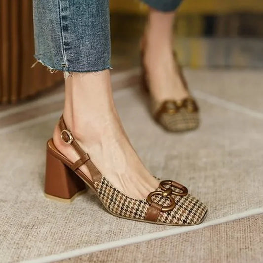 Women's Vintage Plaid Buckle Strap Square Toe High Heels Pumps.