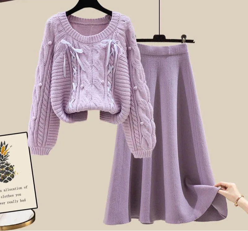 Women's Knitted Sweater & Skirt - Two Piece Set Fashion