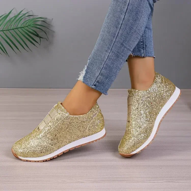 Glitter Round Toe Slip-On Canvas Sneakers for Women - Casual Sparkling Sport Shoes with Shallow Platform