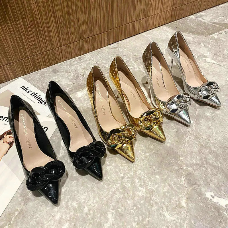 "Pointy Party-Wear Shoes for Women - Stylish European High Heels with Clip-On Decoration, 5cm 7cm & 9cm Options"