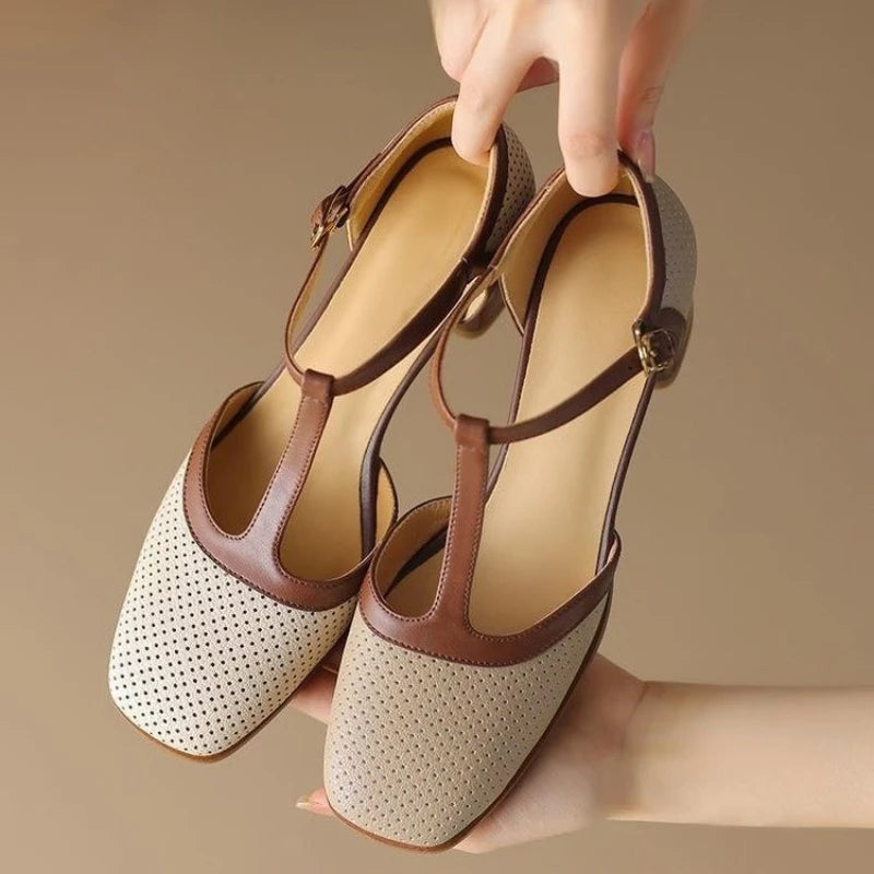 "Women's Summer Low-Heeled Square Hollow Head Casual Breathable Sandals"