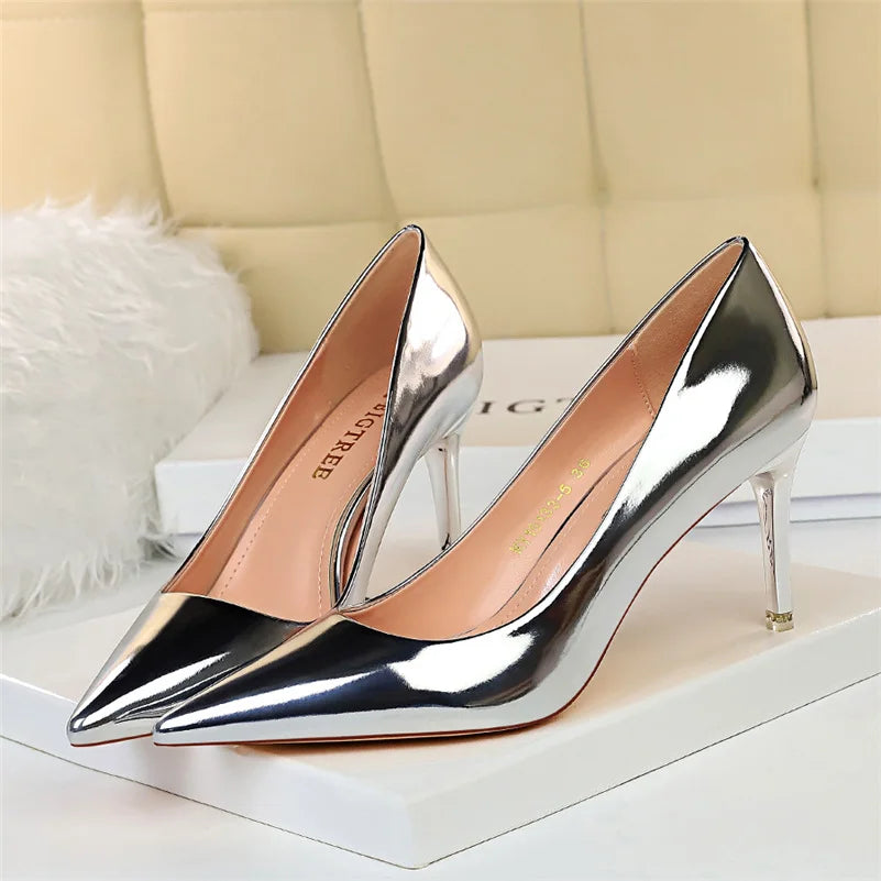 "Exquisite Women's Patent Leather Pumps - 7.5cm & 10.5cm High Heels, Metallic Stiletto Wedding Bridal Shoes."