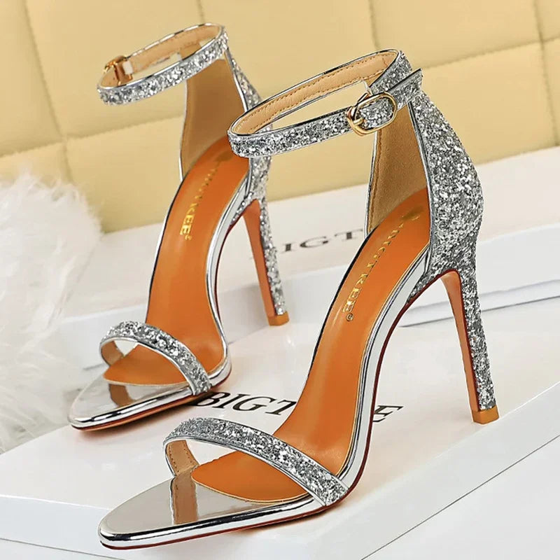 Women's Party-wear Platform Sandals 10cm High Heels Silver Bling Sequins Ankle Strap Sandals for Lady Wedding & Bridal Sparkly Shoes.