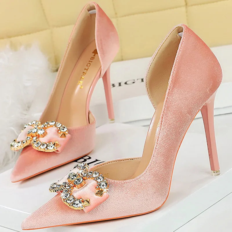 Elegant Velvet Party Pumps with 10.5cm Thin Heels, Hollow Design, Rhinestone Buckle & Butterfly Knots.