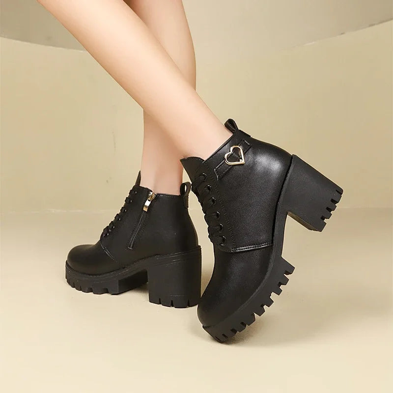 Versatile Women’s Boots Mid Heel Hight Quality Lace Up With Zip Closure”