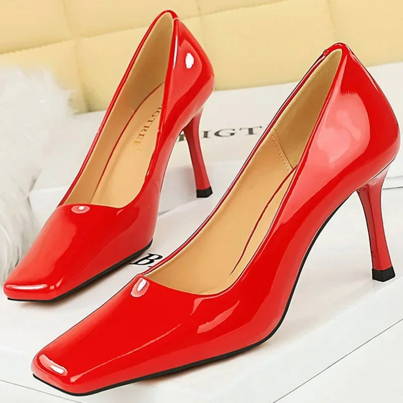 "Glossy Leather 8.5cm High Heels Pumps - Stylish Office & Prom Shoes for Women"