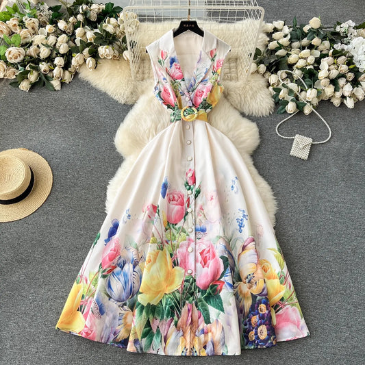 Summer Elegant Print Floral Long Dress Women's Notched Sleeveless Single Breasted Belt, Office & Partywear