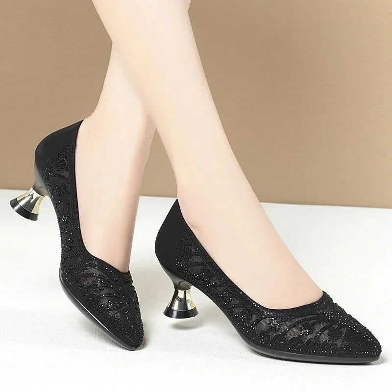 "Elegant Golden Hollow Out Square Heel Mesh Pumps for Women - Perfect for Spring & Summer Parties!"