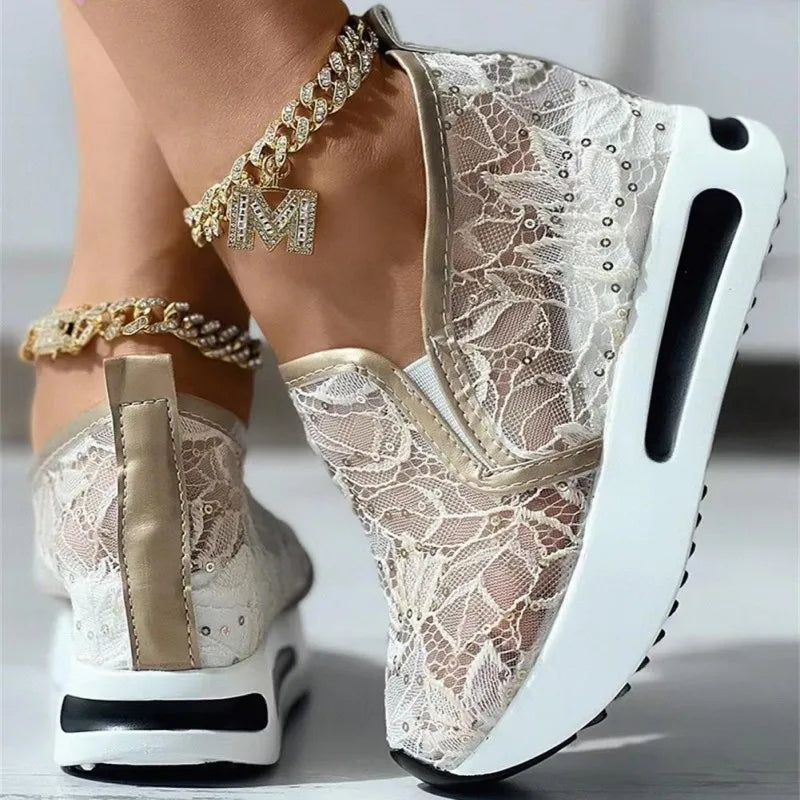 "Floral Embroidery Mesh Slip-On Sneakers for Women - Casual Comfy Heeled Shoes"