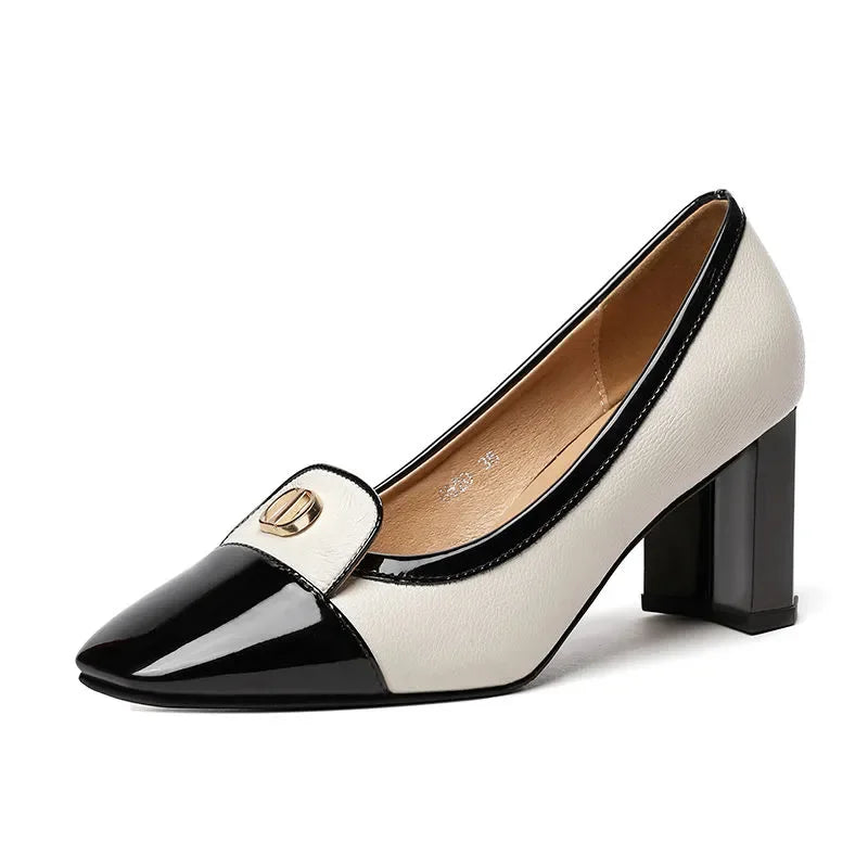 "High-Quality White Square Heel Shoes for Women - Classic Comfort for Spring, Summer, and Autumn with Metal Clip Detail"