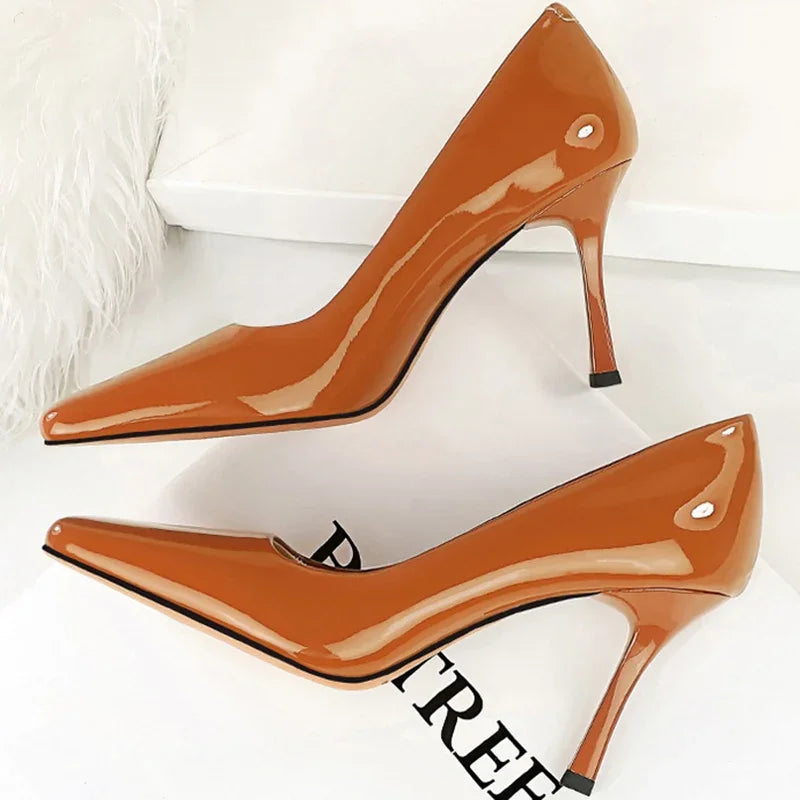 "Glossy Leather 8.5cm High Heels Pumps - Stylish Office & Prom Shoes for Women"