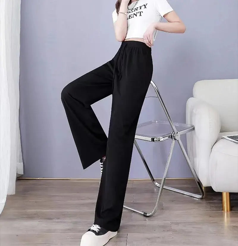 Women Pants Spring Summer Ice Silk Wide Leg Pants High Waist Loose Straight Casual Pant Female Outdoor Black Trousers