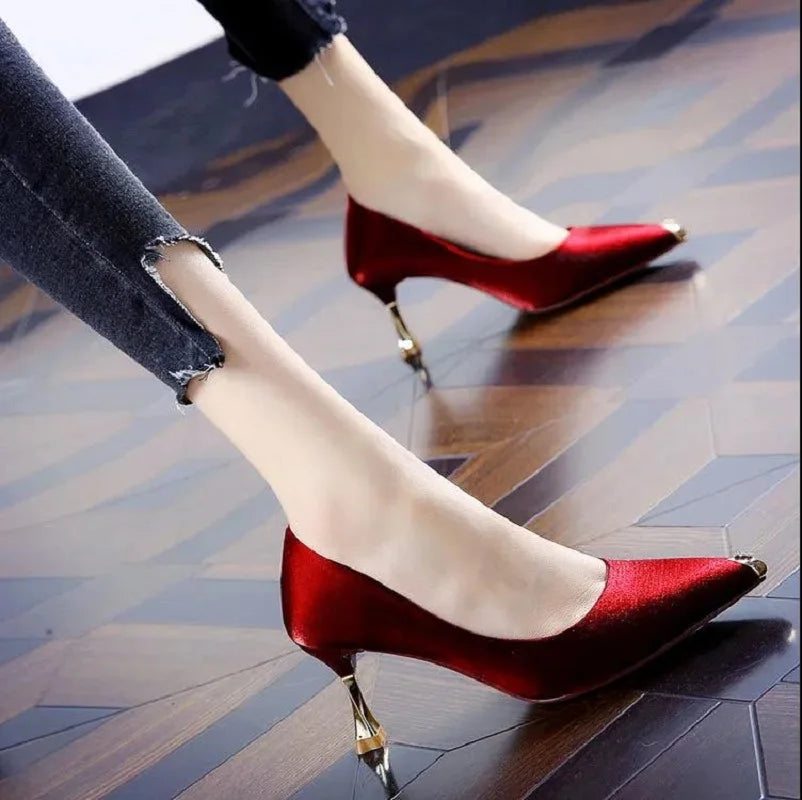 "Glittery Lightweight Spring Slip-On Stiletto Heels for Women - Casual Comfort Office Shoes with Pointed Toe"