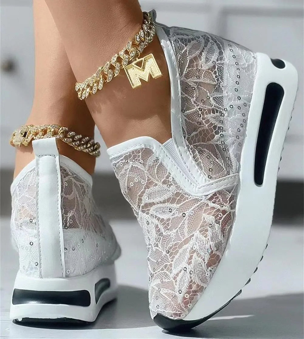 "Floral Embroidery Mesh Slip-On Sneakers for Women - Casual Comfy Heeled Shoes"