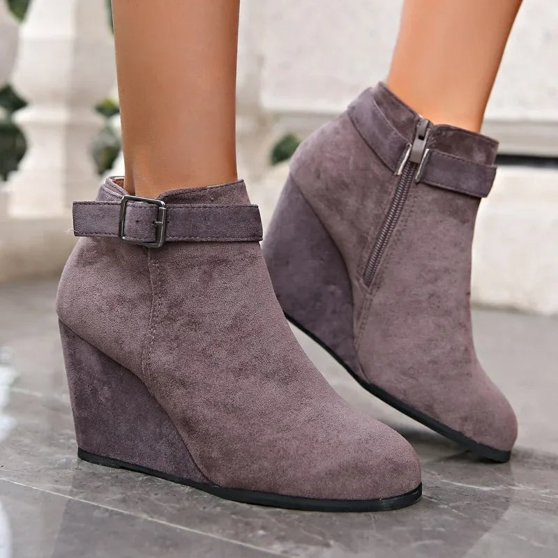 "Modern Women's Ankle Boots with Round Toe, High Wedges, Side Zip, and Warm Design"