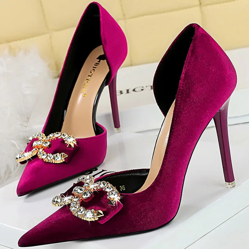 Elegant Velvet Party Pumps with 10.5cm Thin Heels, Hollow Design, Rhinestone Buckle & Butterfly Knots.