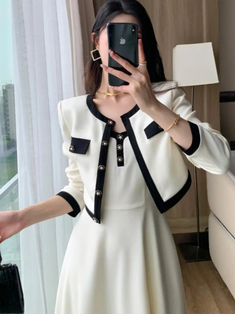 Women's Elegant 2-Piece Dress Set - Short Coat/A-Line Midi Camisole Dress