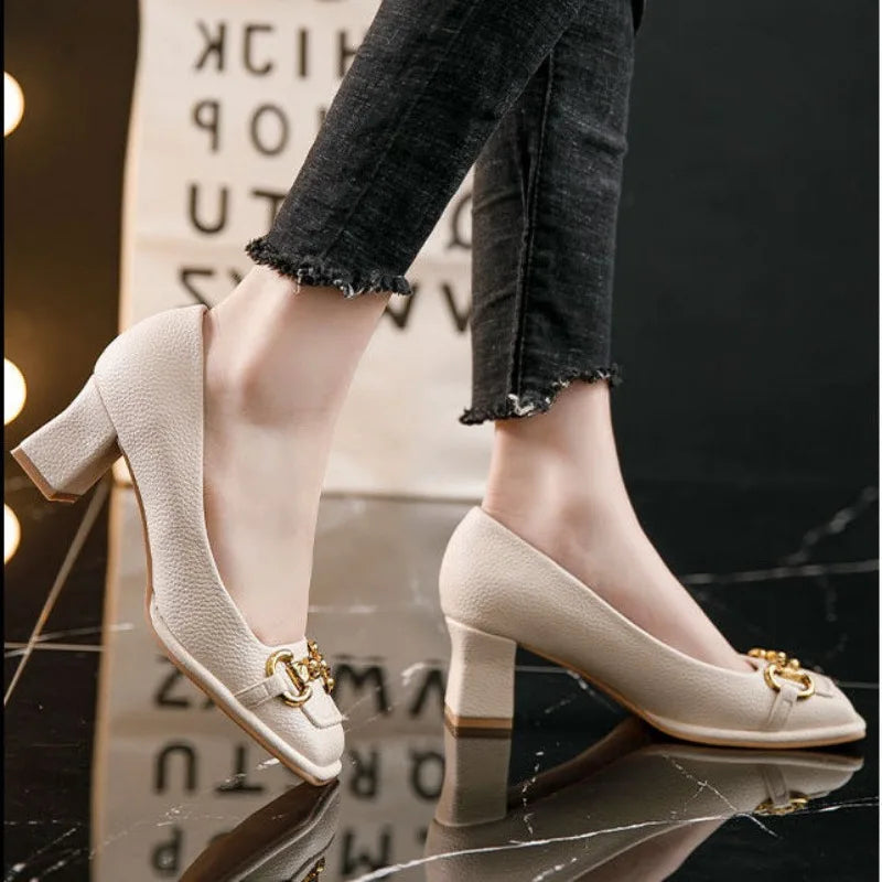 "Retro Women's Pumps - Square Head Mary Jane Heels with Metal Buckle Decoration"