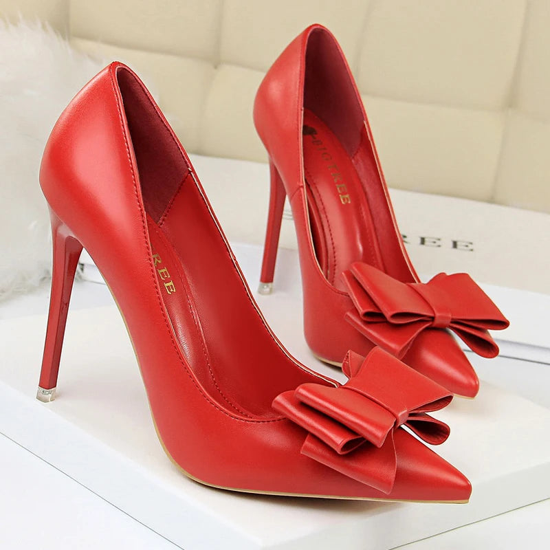 "Classic High Heel Stiletto Pumps with Bow-Knot - Luxury PU Leather Women's Banquet Shoes"