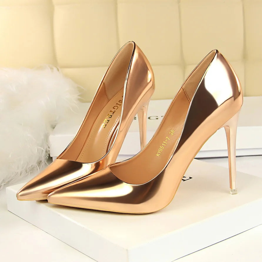 "Exquisite Women's Patent Leather Pumps - 7.5cm & 10.5cm High Heels, Metallic Stiletto Wedding Bridal Shoes."