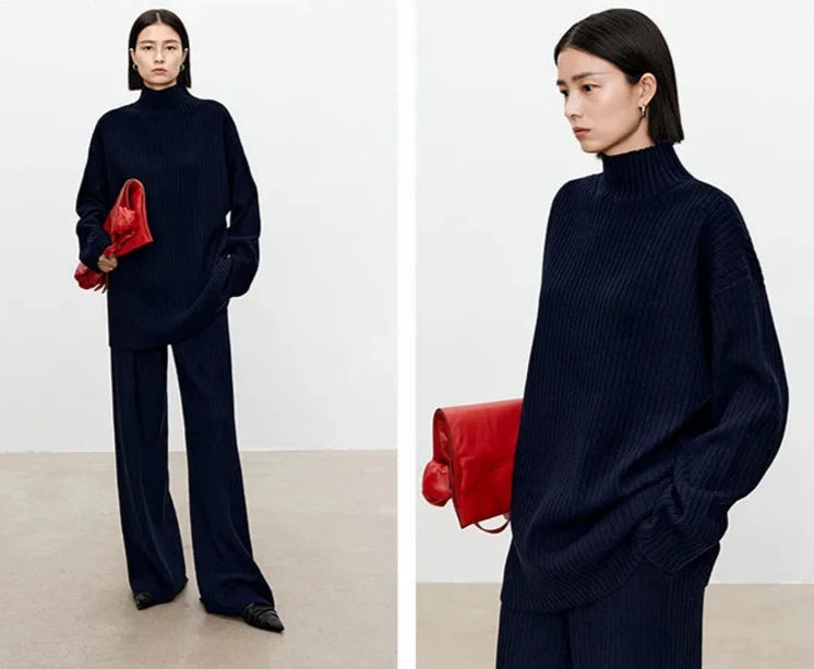 "Cozy Long Sweater and Chic Trousers Duo"