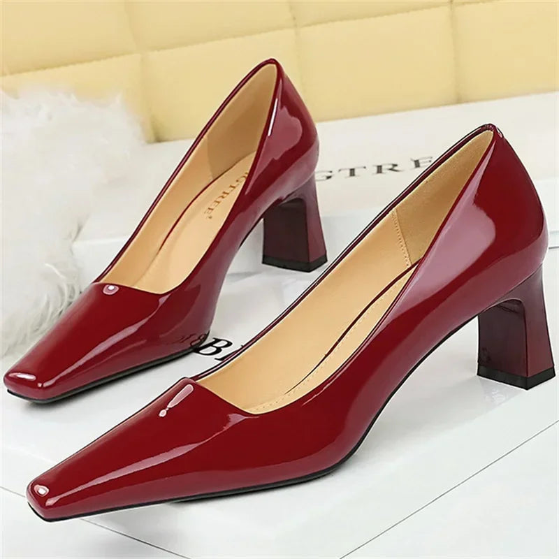 "Women’s Glossy Patent Leather Block Low Heels - 6cm High Square Toe Pumps"