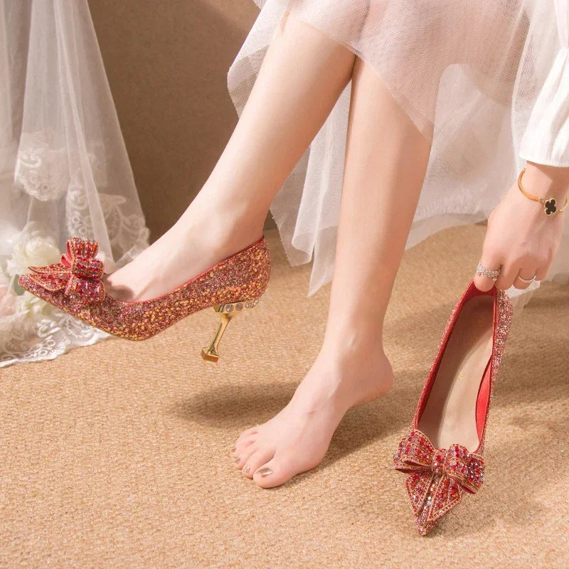 "Luxury Rhinestone Buckle Wedding Shoes for Women – High Heels with Pointed Toe in Gold, Silver, and Red (8.5cm Heel)"