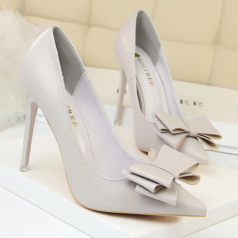 "Classic High Heel Stiletto Pumps with Bow-Knot - Luxury PU Leather Women's Banquet Shoes"