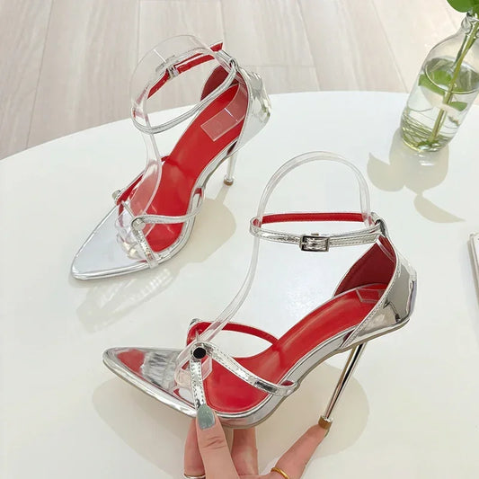 "High Heel Ankle Strap Sandals for Women - Sexy Metal Pointed Toe Wedding & Banquet Shoes"