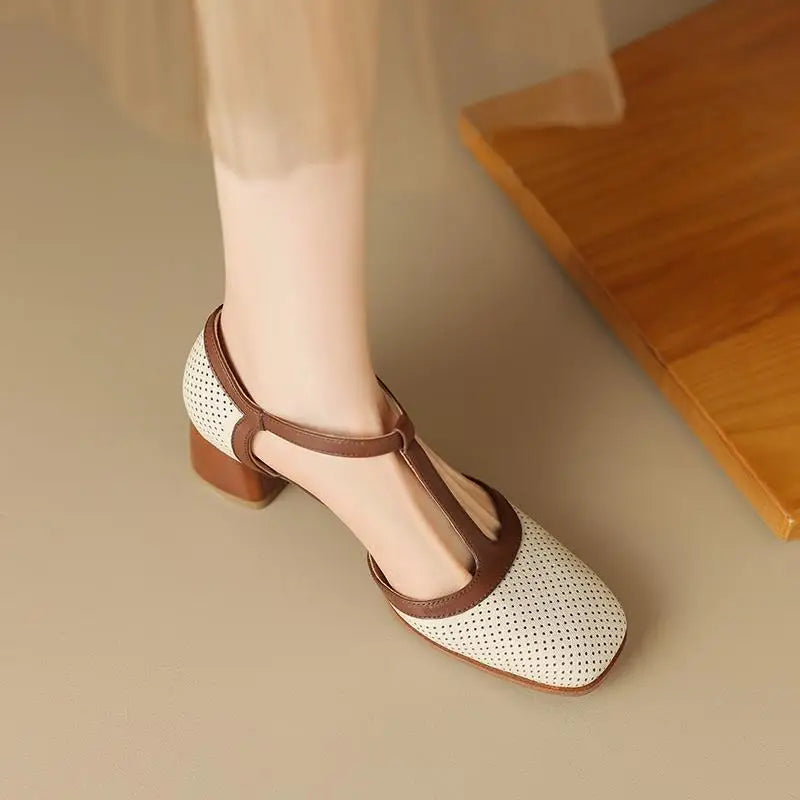 "Women's Summer Low-Heeled Square Hollow Head Casual Breathable Sandals"