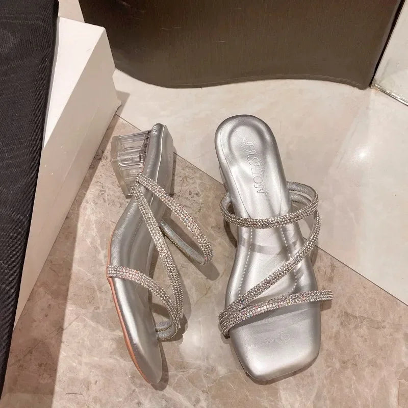 "Fashionable Women's Rhinestone-Embellished Low Heel Square Toe Sandals"
