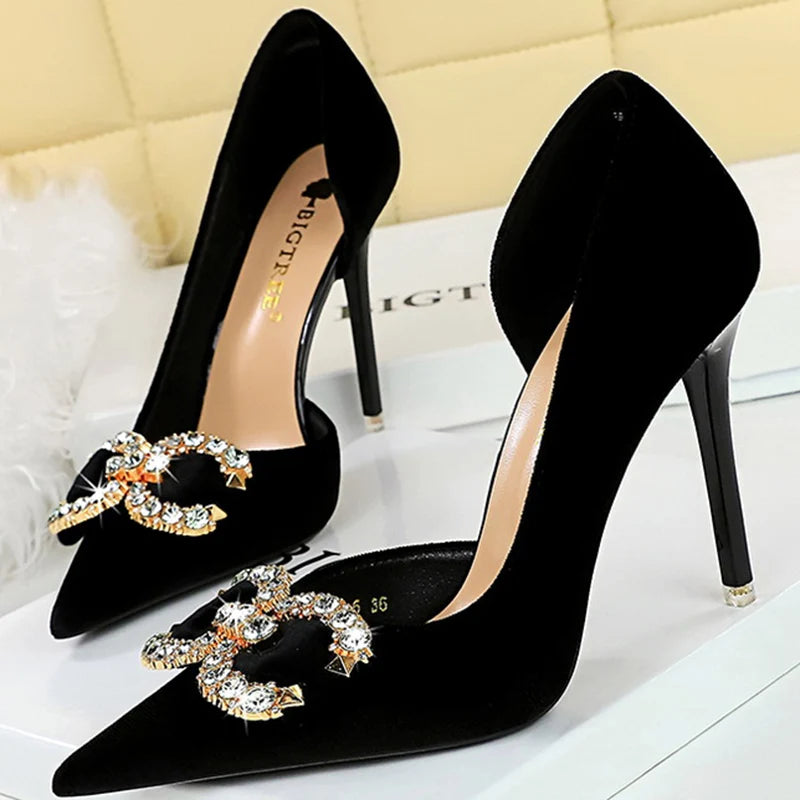 Elegant Velvet Party Pumps with 10.5cm Thin Heels, Hollow Design, Rhinestone Buckle & Butterfly Knots.