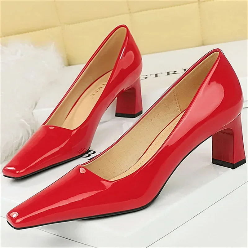 "Women’s Glossy Patent Leather Block Low Heels - 6cm High Square Toe Pumps"