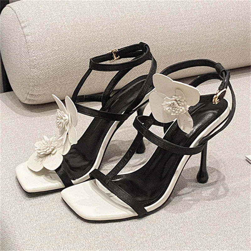 Elegant Flower Narrow Band High Heels - Summer Square Toe Women’s Sandals for Parties & Prom