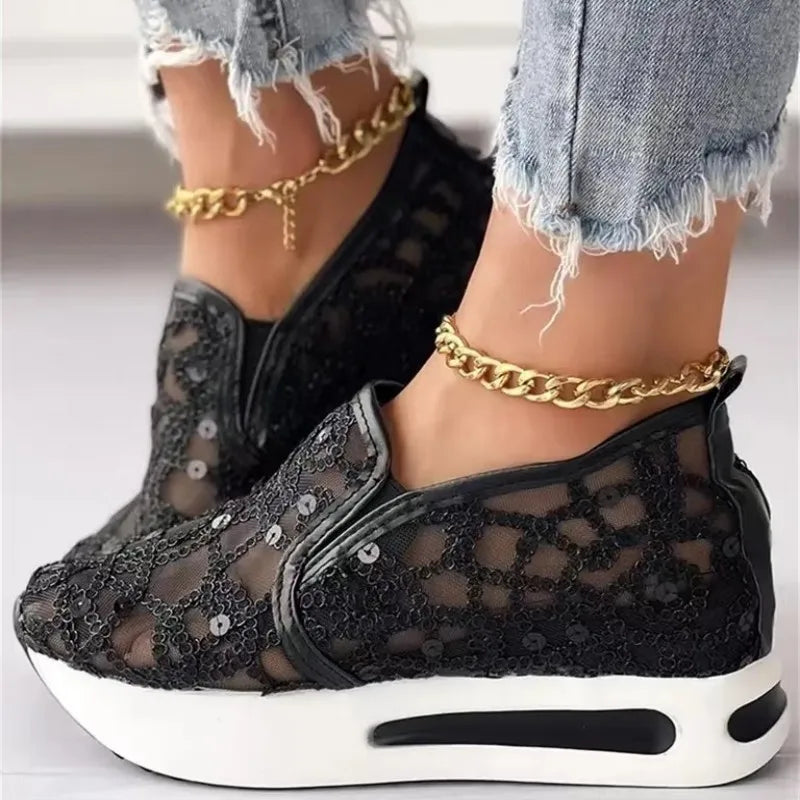 "Floral Embroidery Mesh Slip-On Sneakers for Women - Casual Comfy Heeled Shoes"