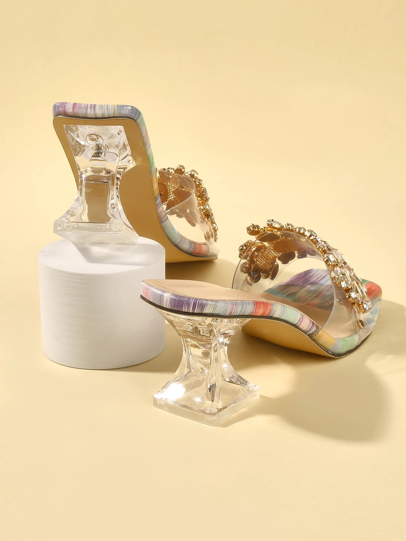 "Summer French Style Fairy Open Toe Rhinestone High Heel Sandals with Comfortable Thick Heels and Multicolor Stones"