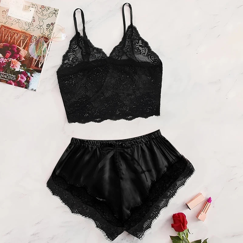 Summer 2 Pcs Women's New Sexy Lace See-Through Pajamas Black Pink Cute Clothes Comfortable Breathable Suspender Shorts Set