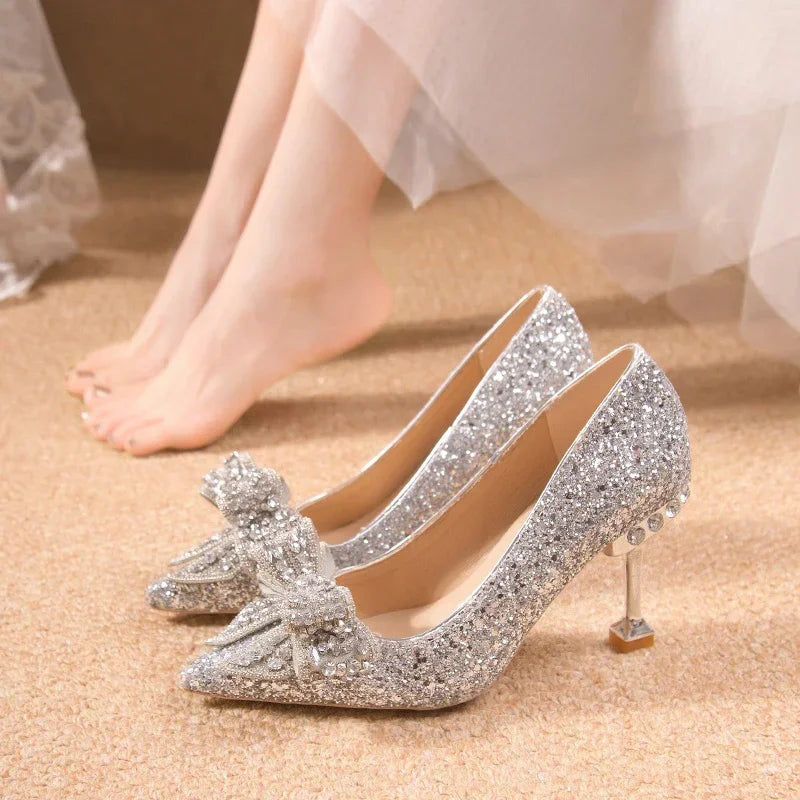 "Luxury Rhinestone Buckle Wedding Shoes for Women – High Heels with Pointed Toe in Gold, Silver, and Red (8.5cm Heel)"