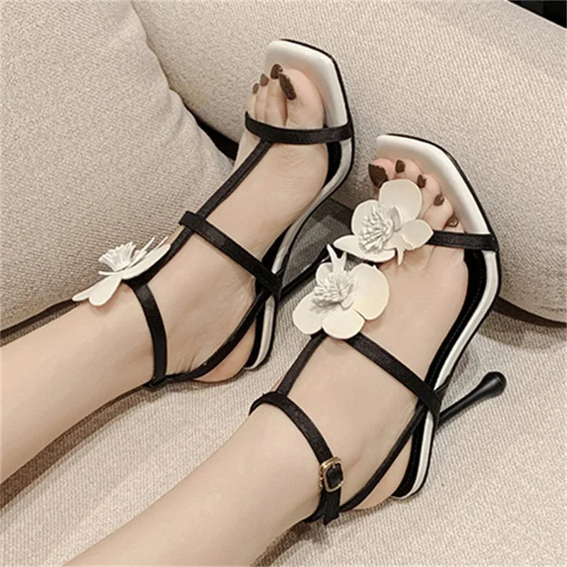 Elegant Flower Narrow Band High Heels - Summer Square Toe Women’s Sandals for Parties & Prom