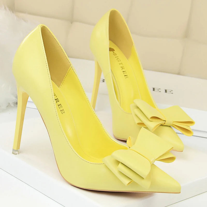 "Classic High Heel Stiletto Pumps with Bow-Knot - Luxury PU Leather Women's Banquet Shoes"