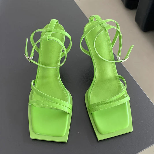 "Sexy Square Toe Ankle Strap Sandals for Women: High Heels Summer Wedding Party Shoes."