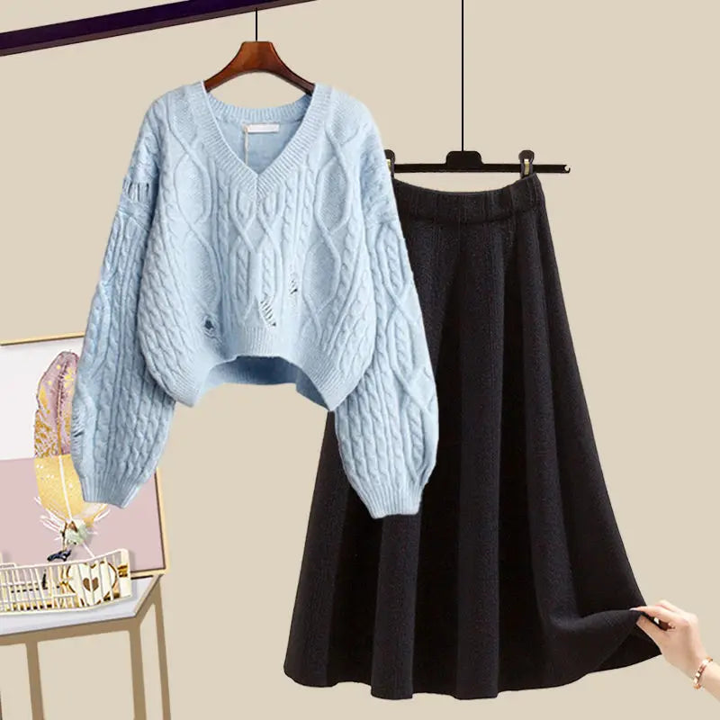 Women's Knitted Sweater & Skirt - Two Piece Set Fashion