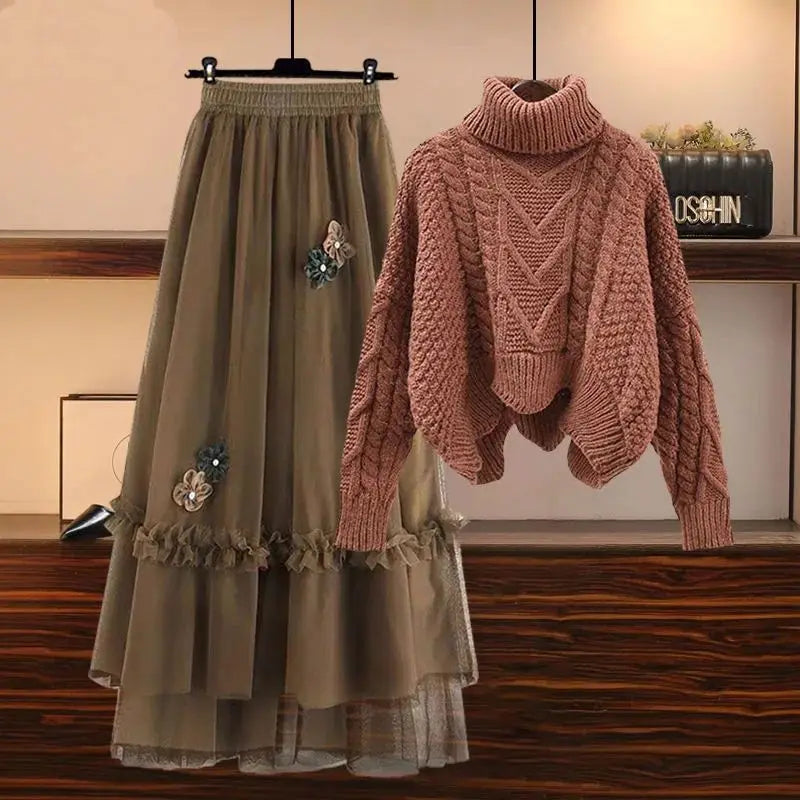 Cozy Senior Knitted Wool Sweater and Skirt Set